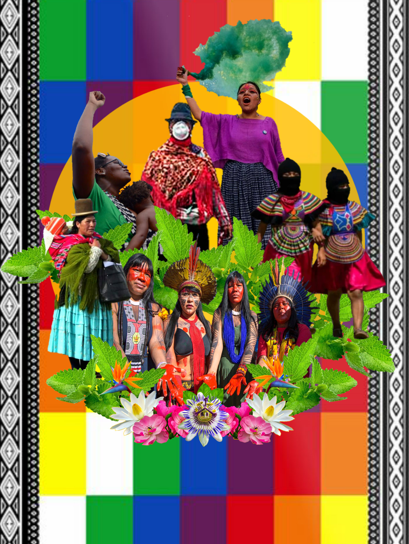 Eleven people with medium or dark skin stand wearing colourful and patterned attire and face markings. The background is a grid of rectangles in vivid rainbow colours.