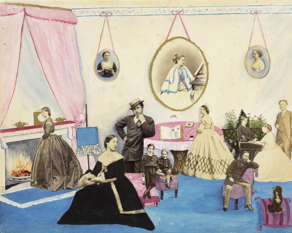 Collage. Black and white photographs of men, women, children, and a dog are collaged against a room painted in tones of carnation pink, topaz blue, and cream white. The scale shifts between the people and objects but they loosely come together to make a scene.