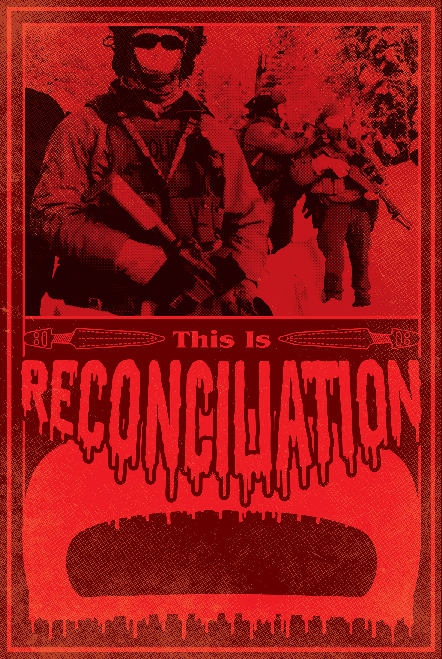Digital image. An image above and the title below are all soaked in vibrant red. In the top half, men carry rifles and wear uniforms labelled “Police”. They stand in a snowy field against snow-coated trees. In the title below, the word “Reconciliation” looks like it’s dripping.
