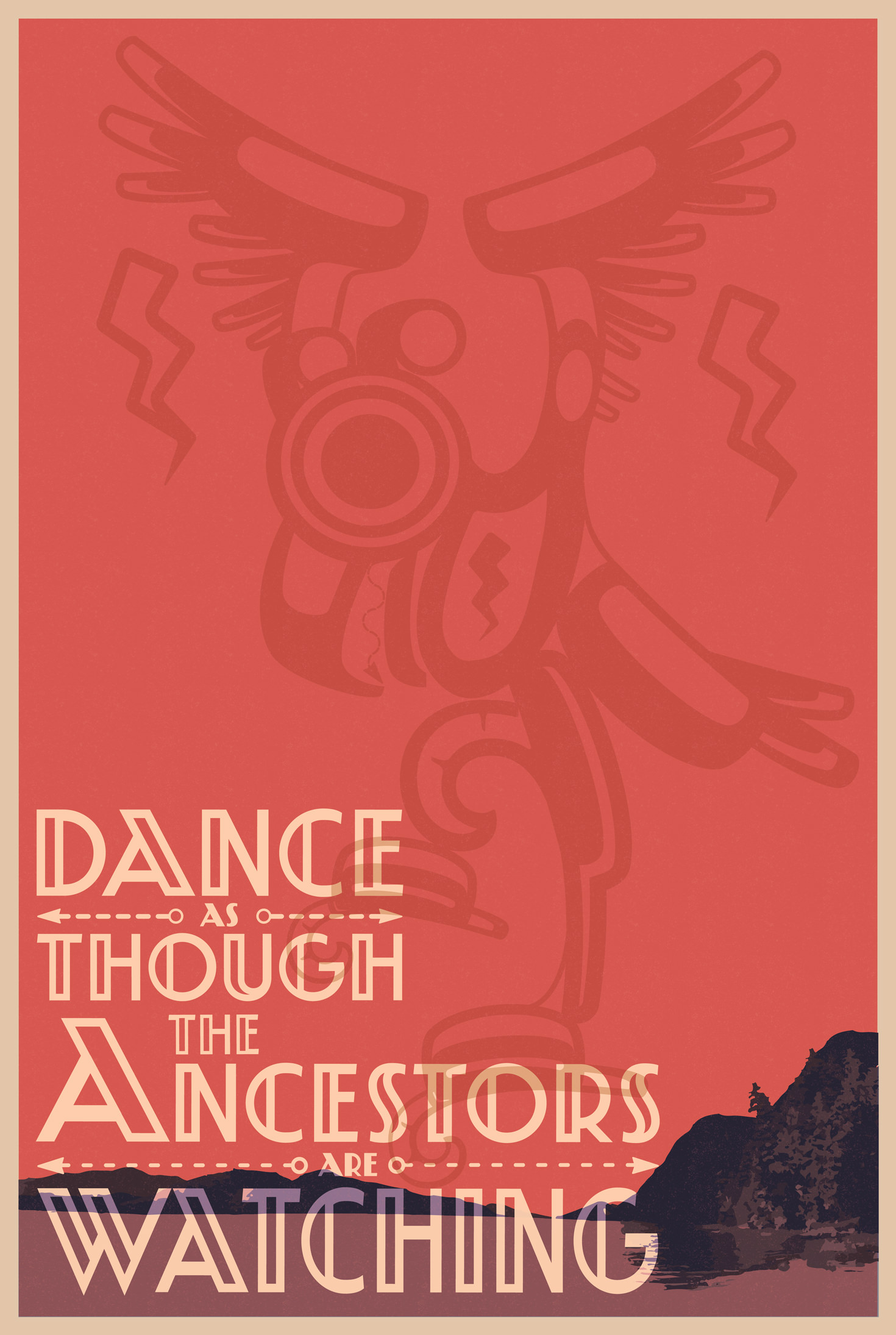 Digital image. Low hills along a horizon over mauve-purple water lines the bottom edge of this design. The sky is red with an indigenous pictograph or design in a darker red tone. The lettering is pale yellow in the lower left corner.