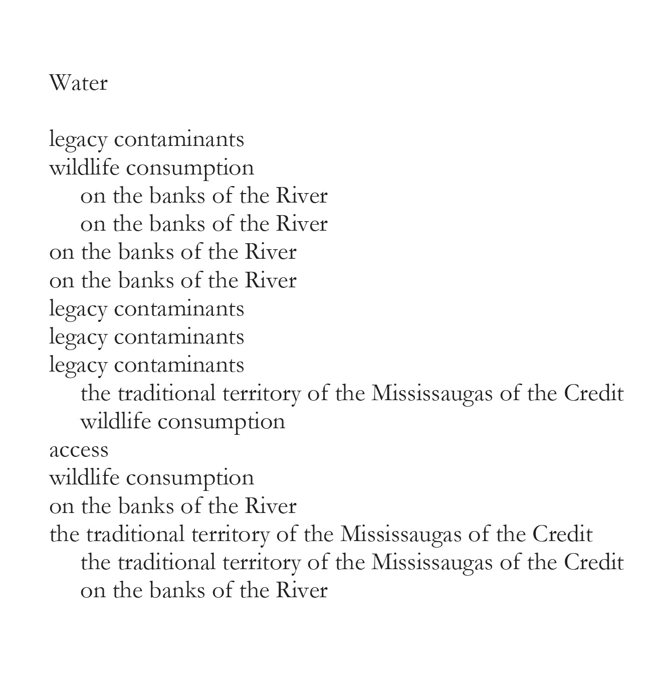 Poem. Black text against white has mostly a short phrase or single word on each line. Here the line breaks are indicated with a backslash. Text reads, “Water/ legacy contaminants/ on the banks of the River/ on the banks of the River/ on the banks of the River/ on the banks of the River/ legacy contaminants/ legacy contaminants/ legacy contaminants/ the traditional territory of the Mississaugas of the Credit wildlife consumption/ access/ wildlife consumption/ on the banks of the River/ the traditional territory of the Mississaugas of the Credit/ the traditional territory of the Mississaugas of the Credit/ on the banks of the River”.