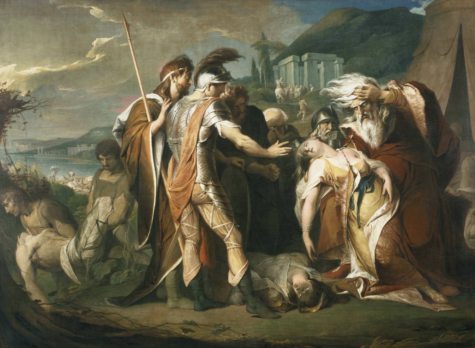 Painting. Six men gather around the lifeless body of a woman wearing white and yellow. Most are dressed as soldiers but one wears a wine-red robe, and his white hair blows fiercely in a wind. Two more men carry a man off to our left and a third dead body is at the feet of the group.