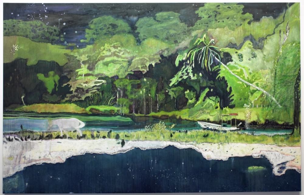 Painting. Lush trees and grasses line bands of celestial-blue water under a starry night sky. Stars in the night sky reflect in the band of dark water along the bottom edge of the canvas. A white horse walks along a grassy ridge between that and another body of water. Black forms lining the ruffled white shoreline could be birds.